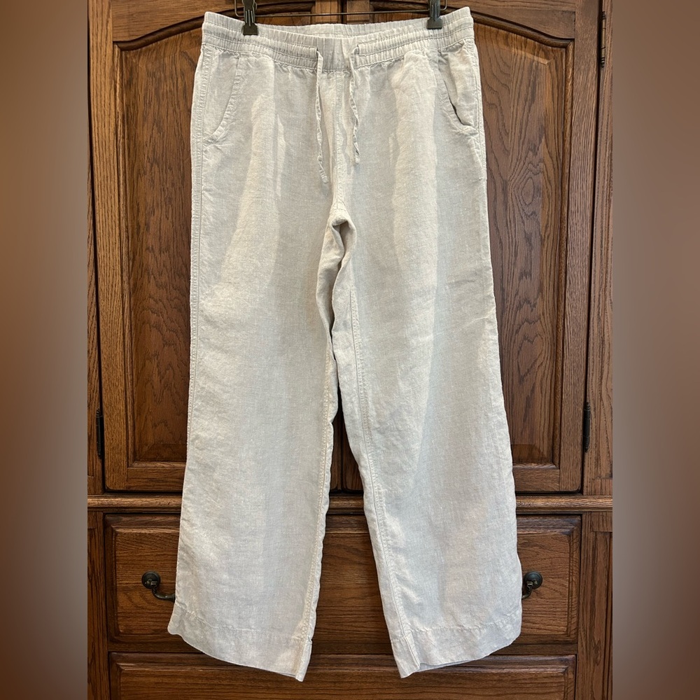 L.L. Bean Premium Washable Linen Pull On Pants Oatmeal Size 12 Medium Tall